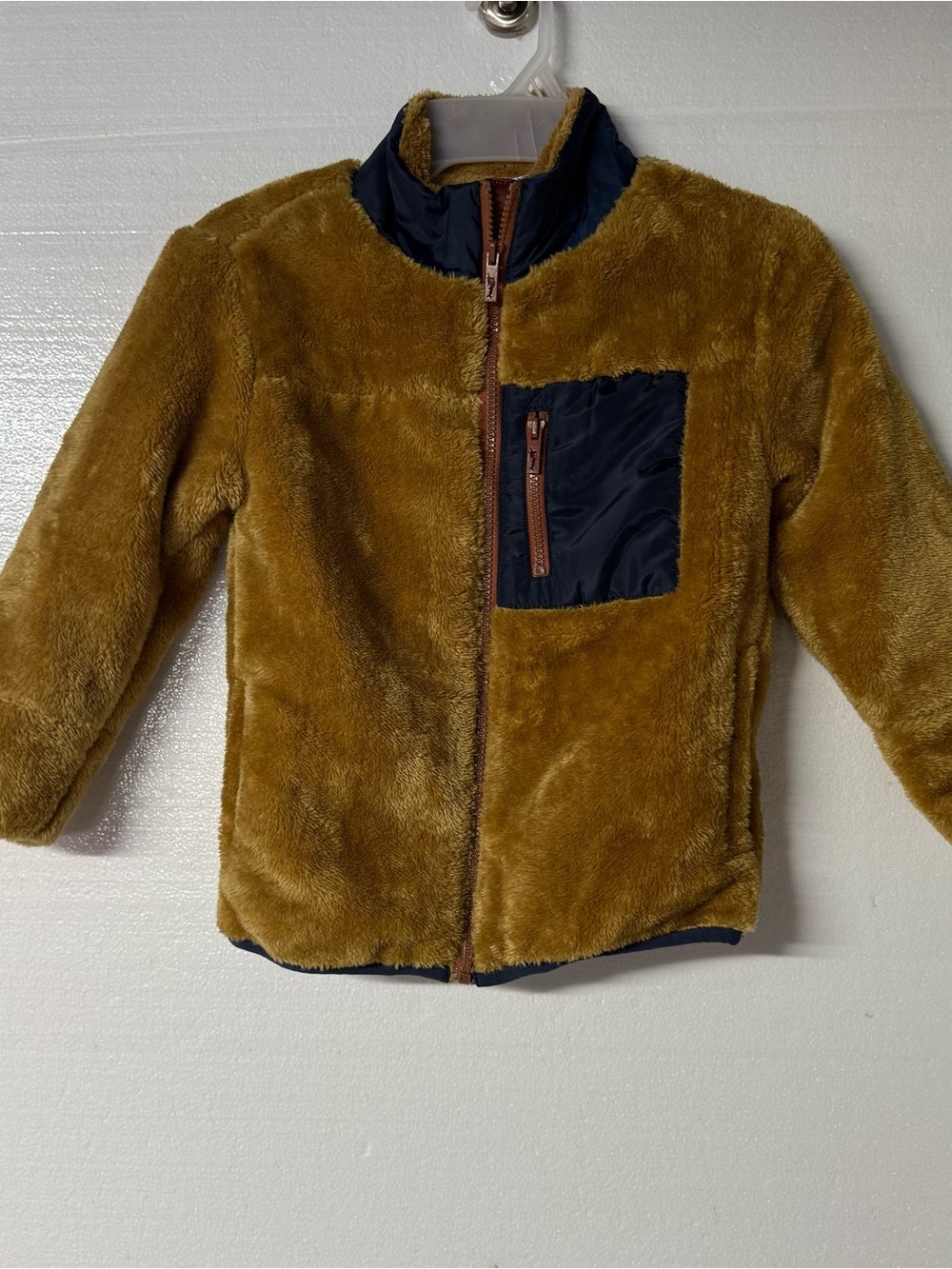 Tommy Bahama Kids Size 5/6 Brown Faux Fur Fleece Full Zip Jacket Navy Pocket